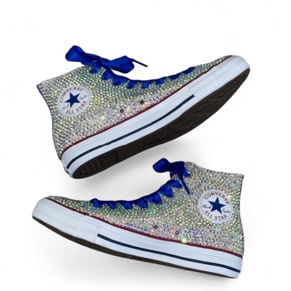 Crystal AB Iridescent Diamond High Top Converse Sizes 5-14 New With Ribbon Laces - Picture 1 of 14